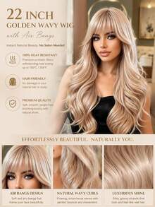 22 Inch Light Blonde Long Curly Wig With Fringe Bangs, Heat Resistant Synthetic Hair, Natural Looking Wig For Daily, Party & Cosplay - Gold - View 7
