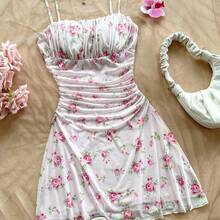 guangzhougaolangshangmao  Vestido mini de línea A con tirantes de espagueti rosa y romántico Ditsy Floral para mujer, adecuado para fiesta, cita, San Valentín, Pascua, carnaval, crucero por la playa, Afternoon vestido de moda para té, primavera/verano - Burdeos - Ver 8