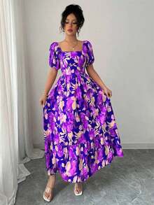 Women's Dress With Petal Sleeve Design, Square Neck And Fitted Waist With Print - 黑色 - 查看 6