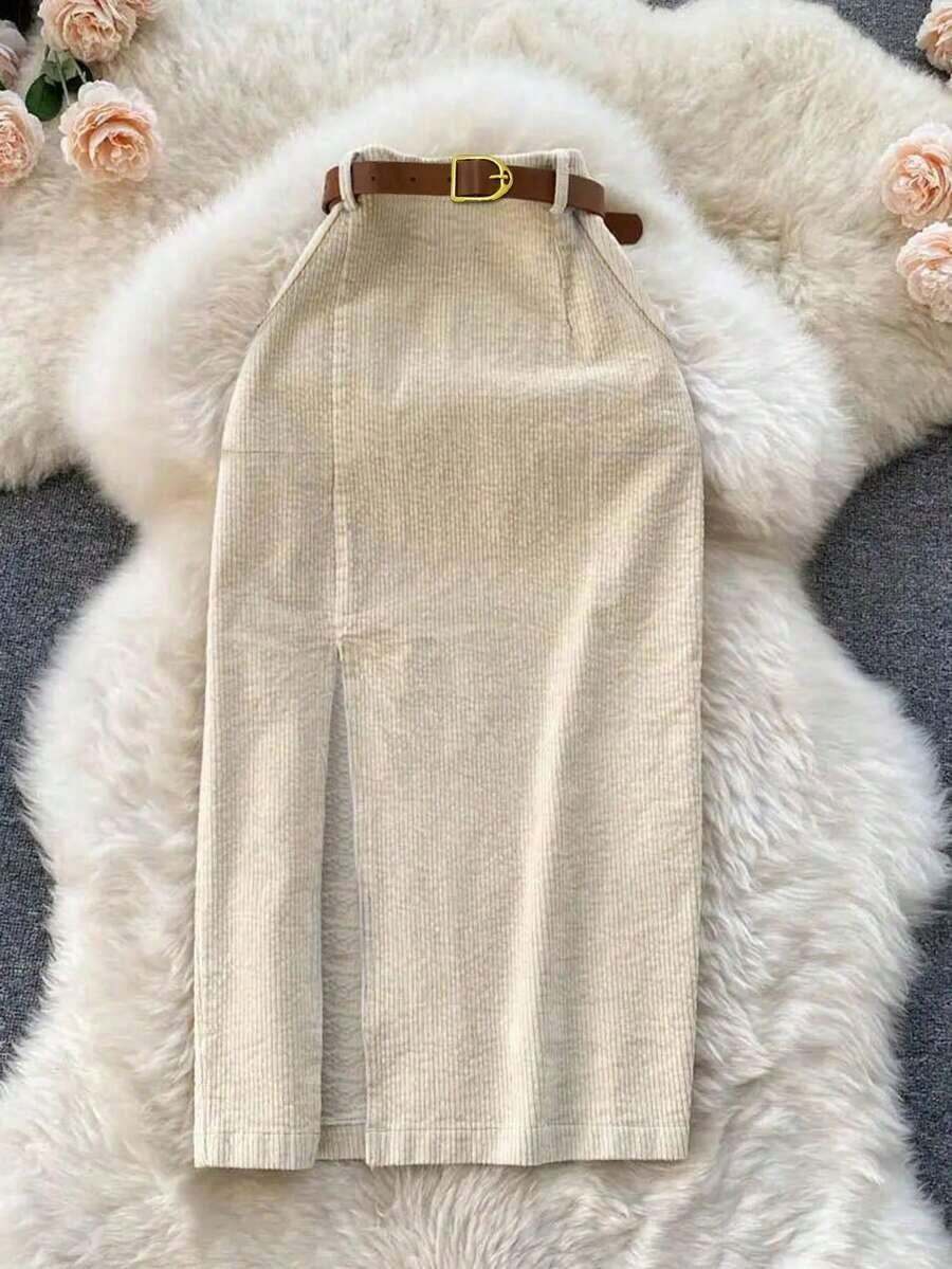 SMUM Women's Corduroy Skirt With Pockets And Slit, With Belt, In Khaki And Leopard Print - 湖藍色 - 查看 1