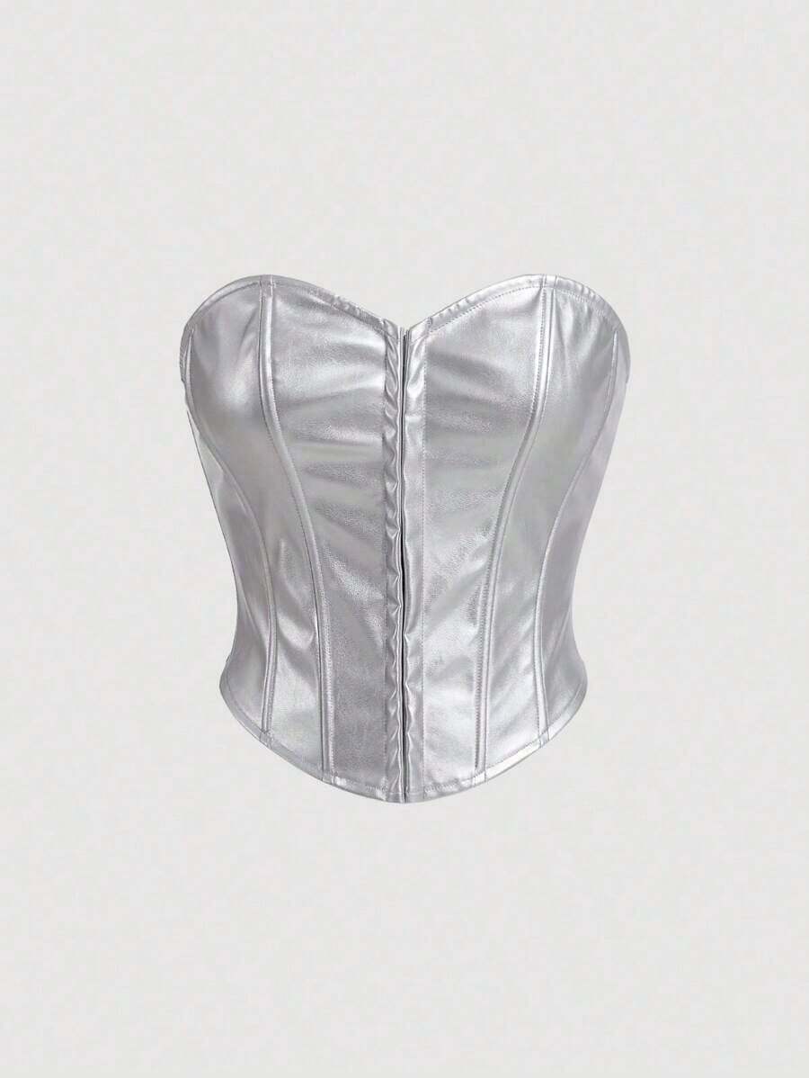 Top sin tirantes de moda con hebilla delantera para mujeres - Plateado - Ver 1
