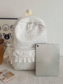 3-Pack Nylon Cream Style Lace Bowknot Star Print Backpack Set, Foldable Multi-Pocket Large Capacity Zipper Backpack, Suitable For Teenagers, High School Studeege Students, Women, Daily Use, Commuting, Travel, Valentine's Day - Beige - View 3