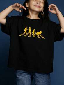 Girls' Casual Short-Sleeved T-Shirt With A Soft Round Neck And A Graphic Movie Character Print, Suitable For Casual Wear. Black. - 黑色 - 查看 8