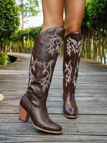 2026 New Vintage Western Cowboy Boots For Women, Brown Color, Square Toe, Embroidered, Chunky High Heel, Pull-On, Slip-Resistant & Durable Sole, Suitable For Daily, Festival, Ranch, Rodeo, Party, Street Fashion - Coffee Brown - View 5