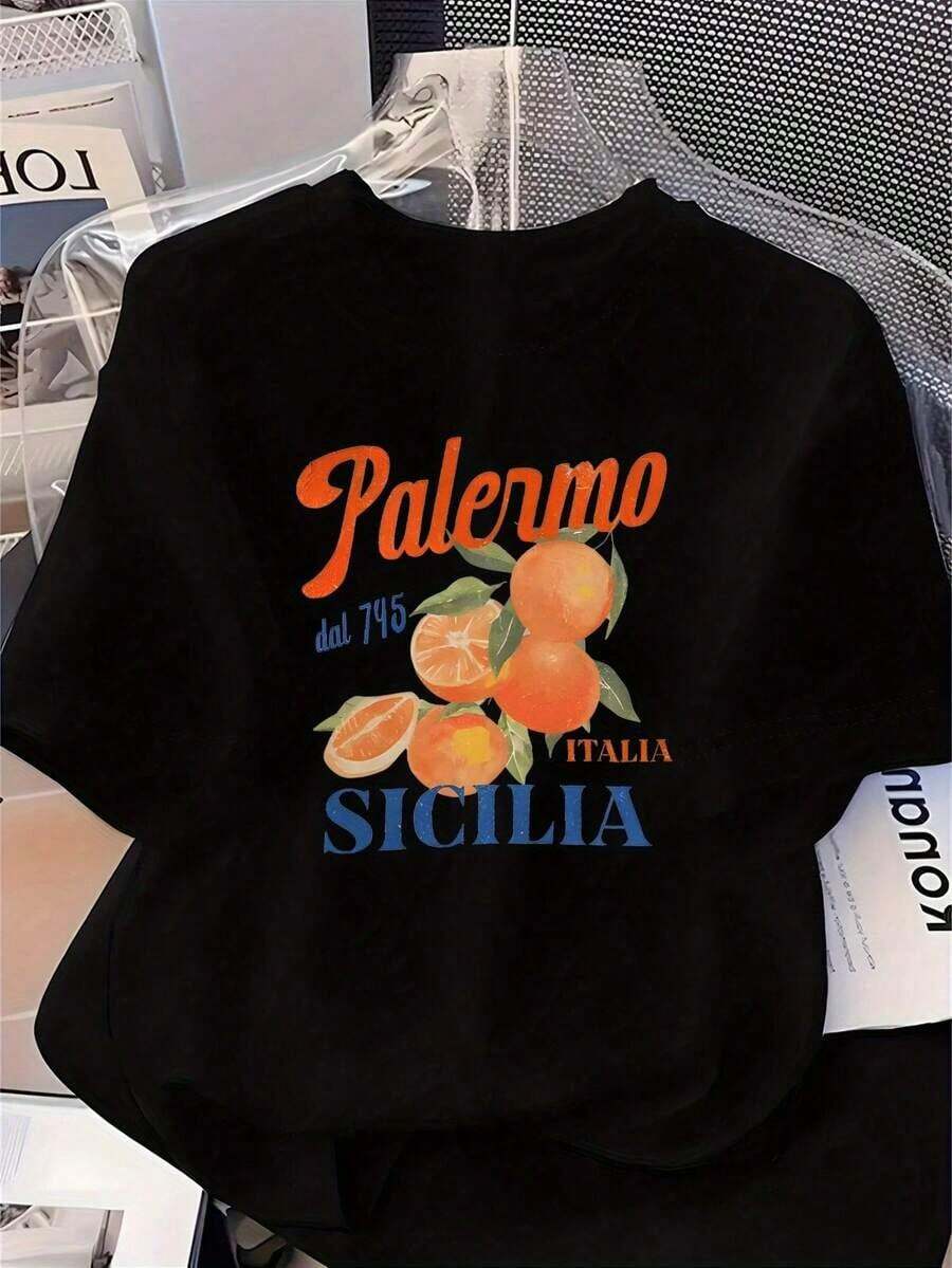 Camiseta de Cuello Redondo para Mujer Circle, Estampado de Letras Sicilianas y Naranja Italiano - Suave, Casual, Elegante, para Primavera y Verano, Ropa Casual Versátil, Camiseta a la Moda, Prenda de Verano, Diseño de Temática Italiana, Ajuste Cómodo.Camisas Casuales de Manga Corta para Hombres y Mujeres - Negro - Ver 1
