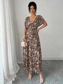 xheElenzga Vestido maxi elegante de estilo francés con cuello en V, hombros caídos, fruncido y línea A, adecuado para la playa, el té de la tarde y fiestasxhe - Marrón Chocolate - Ver 5