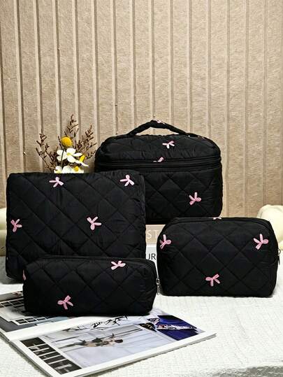 Women's Bow Embroidered Quilted Cosmetic Bag Set, Cute Macaron Color Large Capacity Makeup Bag, Lightweight Fluffy Toiletry Bag, Suitable For Travel Organization And Daily Use