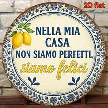2D Flat Iron Wall Decor With Italian Home Quotes - Vintage Italian Kitchen, Dining Room, Living Room, Bedroom, Study - Lemon Theme With Italian Text - 8.0X8.0 Inch Round, Room Decor, Kitchen Decor, Retro Design, Pre-Drilled Holes, Style As Shown In Size Chart - Multicolor - View 3