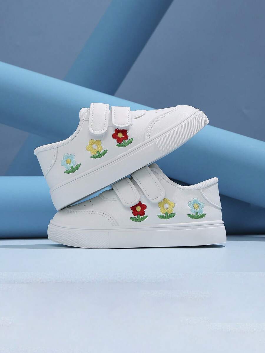 1 Pair Non-Slip Wear-Resistant Breathable Flat Magic Tape White Sneakers With Distinctive Logo, Suitable For Matching With Skirts - White - View 1