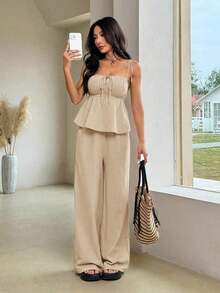 Conjunto de top de tirantes y pantalones de lino tejido en color fucsia - Caqui - Ver 3
