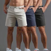 3-Pc Men'S Fashion Easy Shorts Business Street Versatile Straight-Leg Five-Point Pants Woven Solid Color Sports Pants Seaside Vacation Travel Versatile Men'S Shorts Outdoor Casual Sports Zipper And Resin Buttons Half Elastic Waistband Multiple Sizes - 米色+海軍藍+黑色 - 查看 4