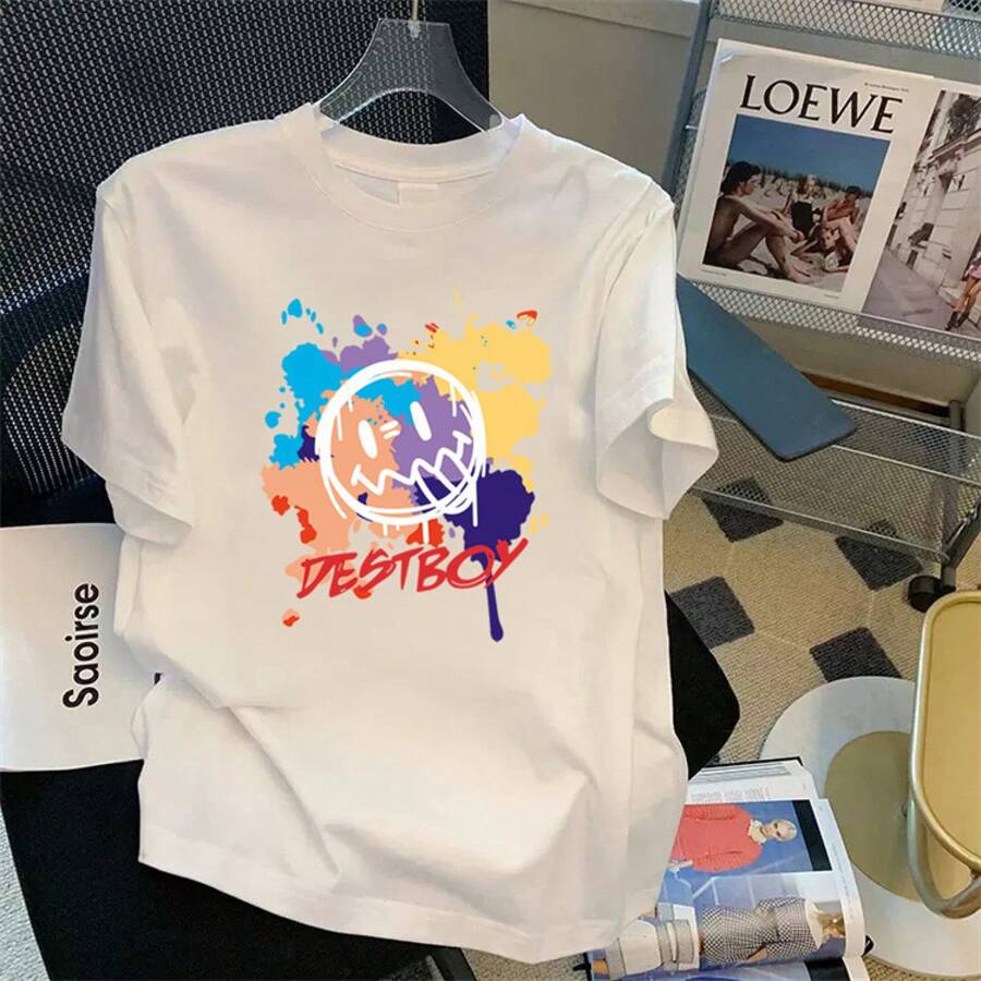 Special: Men's Short Sleeve Summer T-Shirt, Round Neck, Loose Fit, Modern Print, Fashionable Student Sports T-Shirt. - 軍綠色 - 查看 1