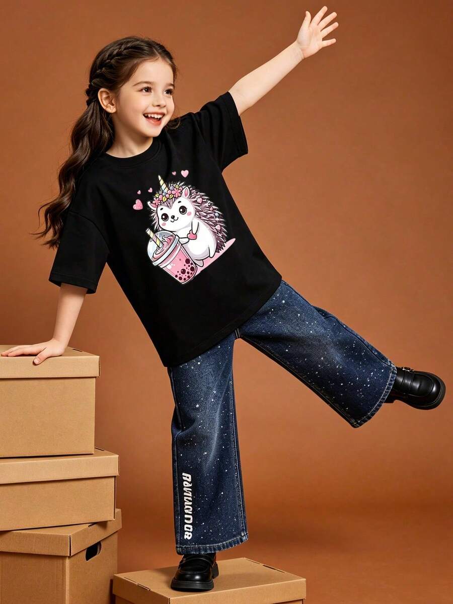 Soft, Casual Short-Sleeved, Round-Neck T-Shirt For Girls With A Hedgehog Print, Ideal For Spring And Summer. White - Black - View 1