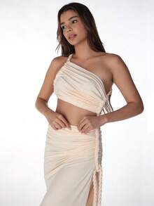 Women's Summer Solid Color Patchwork Backless Side Slit Ruched Long Dress, Fitted Sexy Elegant Party Gown - Apricot - View 6