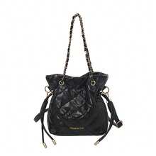 1pc Women's Nylon Handbag With Beaded & Pearl Decor, Fashion Drawstring Bucket Shoulder Bag - Black - View 7