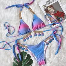 2026 New Sexy Strap Gradient Print Women's Two-Piece Swimsuit Luxurious Crystal Diamond Bikini Shell Swimwear - Gradient Purple - View 7