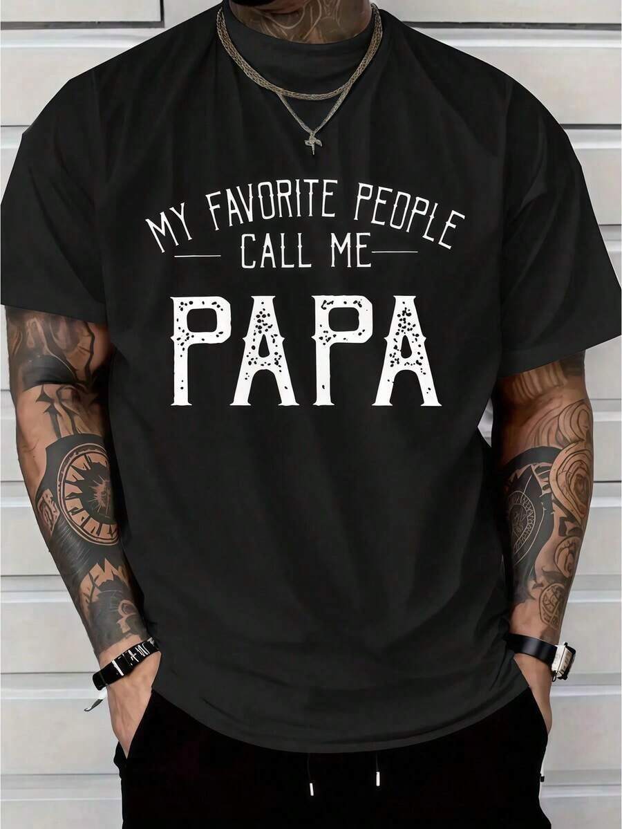 1 Men's Black Printed "Dad" T-Shirt, Graphic Tee, Summer T-Shirt, Unisex Casual Crew Neck T-Shirt, Plus Size 5XL For Men, 220 G/M² Lightweight Knit Fabric, Machine Washable, Suitable For Spring/Summer/Autumn, Father's Day, Christmas, Thanksgiving - 黑色 - 查看 1