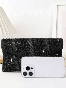 奢華珠飾手拿包 - LU VAVA 手工金色亮片刺繡信封包，附可拆卸鏈條肩帶，婚禮用斜背晚宴包 - 黑色 - 查看 3