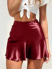 Minifalda de mujer en color marfil, clásica falda de satén suave y sedoso de cintura alta con elástico oculto en corte evasé, elegante atuendo de verano para fiestas y festivales de música - Burdeos - Ver 1