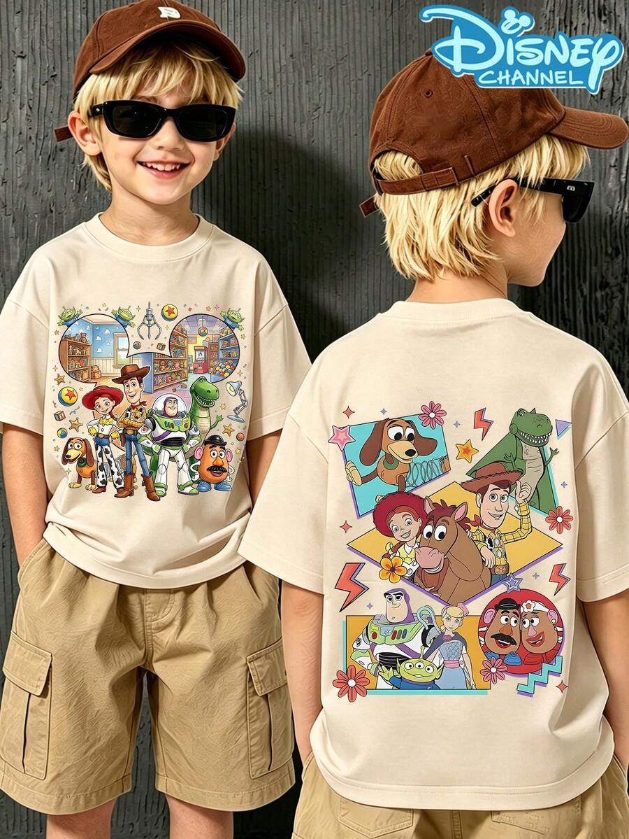 The Boys' Casual And Fashionable Short-Sleeved T-Shirts Feature The Character Buzz Lightyear From Disney's "Toy Story" And Are Suitable For Daily Wear - 杏色 - 查看 1