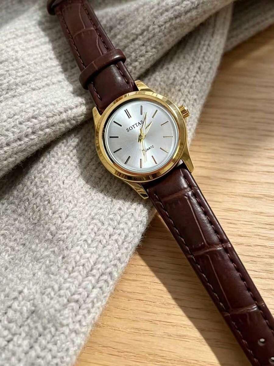 sottas New Arrival Women's Gold Minimalist Elegant Watch, Korean Fashion Casual Versatile Leather Strap Niche Luxury Waterproof Quartz Wristwatch - White - View 1