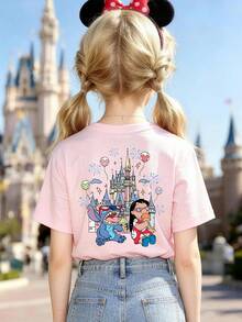 Disney Castle With Stitch And Lilo Pattern 100% Cotton Girls' T-Shirt, New Summer Style, Casual Outing And Sports, Comfortable, Skin-Friendly, Breathable, Fashionable, Versatile, Round Neck Short Sleeve, Perfect For Wearing Alone Or Layering, Best Gift For Girls - Hồng - Xem 3