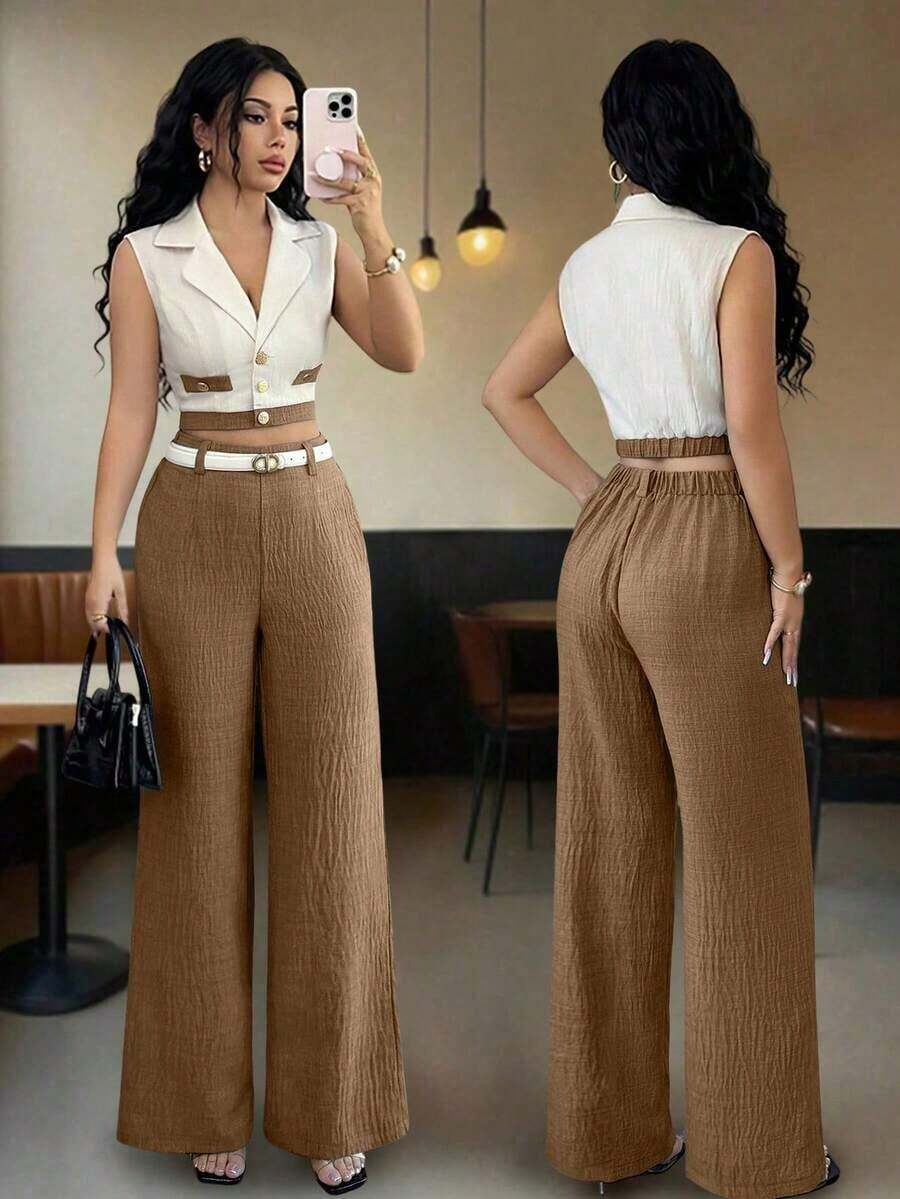 Conjunto de corto sin mangas de color contrastante y pantalones rectos elegantes de estilo de oficina para mujer, atuendo profesional de oficina, vestimenta de maestra, ropa para ir y venir y uso casual - Caqui - Ver 1