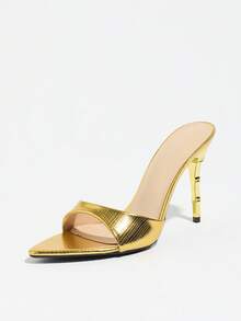 Women's Vintage Elegant Unique One-Strap Mule High Heel Sandals, Featuring Bamboo-Shaped Asymmetric Heel, Metallic Mirror Finish, Reptile Texture, Pointed Toe, Slim High Heel, Suitable For Night Party, Stage, Wedding, Business, Commute, Travel, Shopping, Dating, Christmas, Halloween, Thanksgiving, Easter, Valentine's Day, Mother's Day, Women's Day, Holidays, Weddings - Gold - View 4