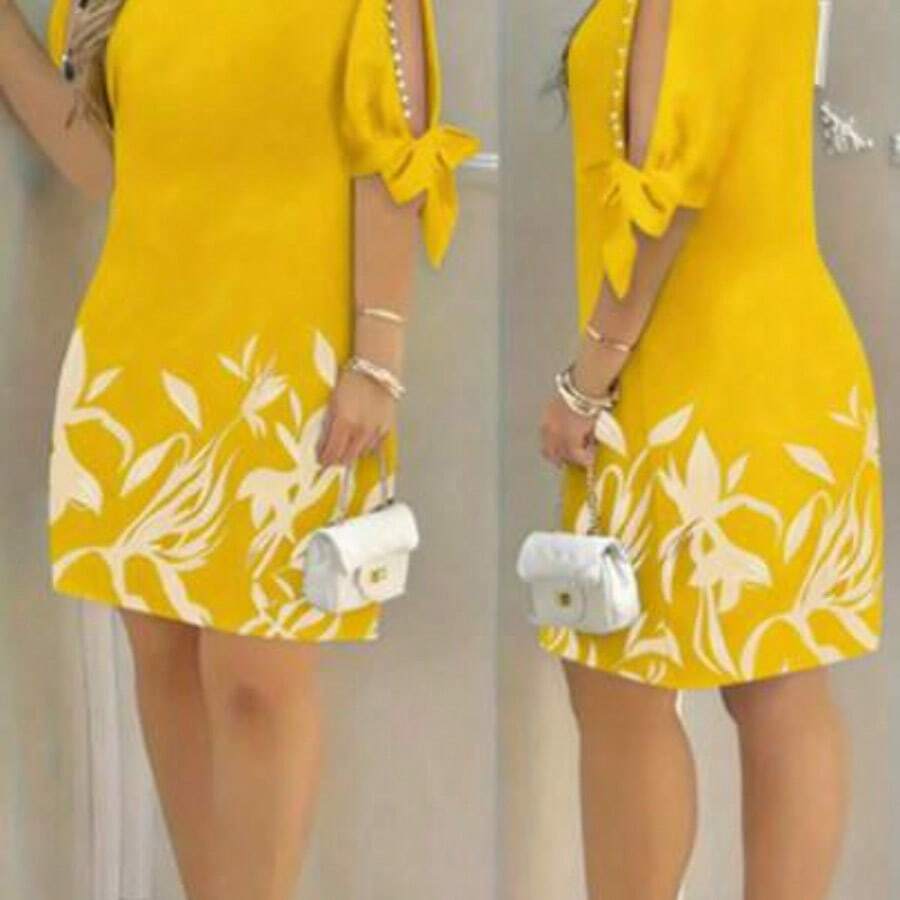 Vestido de mujer con estampado floral, mangas abiertas y adornos de perlas, adecuado para vacaciones, uso casual, diario y diversas reuniones elegantes de verano - Amarillo - Ver 1