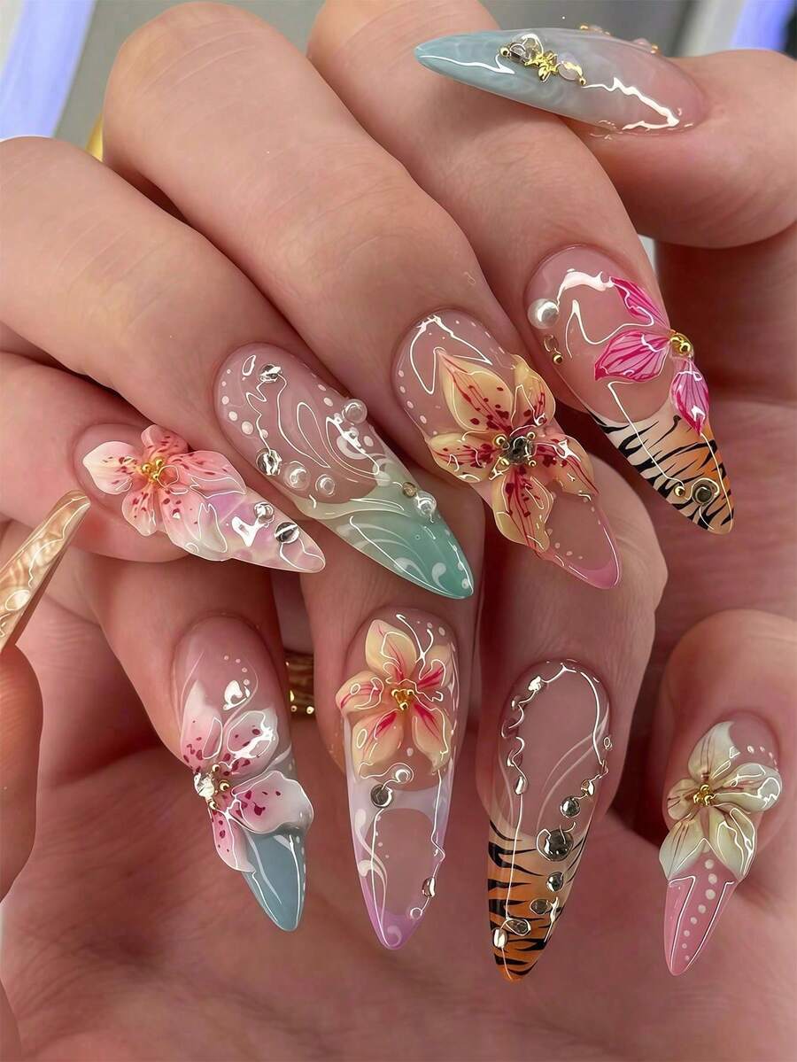 24pcs Western Style French Almond Shaped Press-On Nails, Decorated With Colorful Embossed Floral, Leopard Print And Rhinestones, Suitable For Girls And Women For Daily Wear, Beach Vacation, Party And Other Occasions - Multicolor - View 1