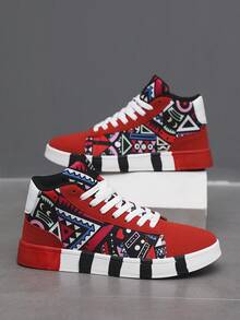 Men's Retro Graffiti Style Random Print Colorblock Front Lace-Up Sports Skate Shoes, Fashionable Versatile Outdoor Casual Shoes - Black and Red - View 2