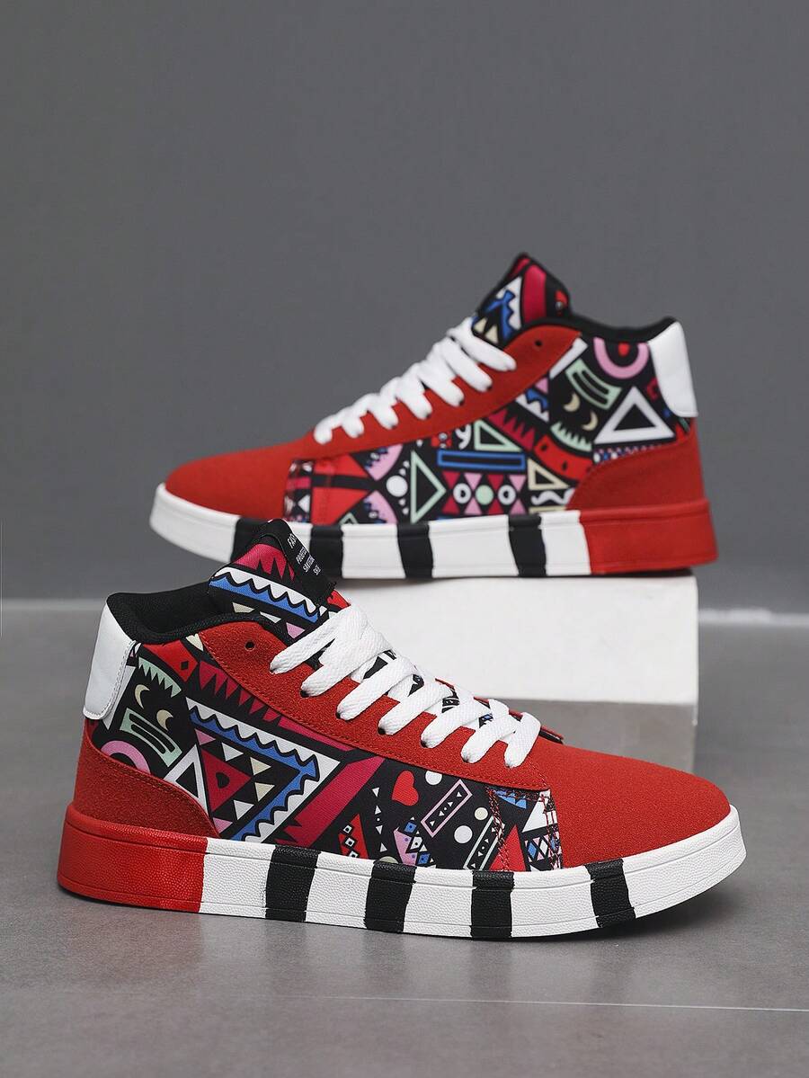 Men's Retro Graffiti Style Random Print Colorblock Front Lace-Up Sports Skate Shoes, Fashionable Versatile Outdoor Casual Shoes
