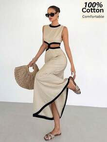 Vestido largo sin mangas de verano de 100% algodón puro con bloques de color y calado, elegancia francesa, cintura alta, efecto estilizante, vestido casual de playa, estilo europeo y americano, diseño de falda ancha y abertura, ropa de vacaciones elegante y versátil.Vestido elegante para mujer, último diseño, vestido de alta calidad, vestidos de mujer, vestidos de lujo - Albaricoque - Ver 6