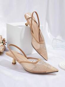 Sandalias de tacón alto con tira de tobillo y adorno de strass para mujer, adecuadas para fiestas y ocasiones formales, primavera/verano - Albaricoque - Ver 1