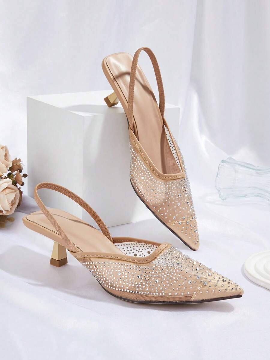 Sandalias de tacón alto con tira de tobillo y adorno de strass para mujer, adecuadas para fiestas y ocasiones formales, primavera/verano - Albaricoque - Ver 1