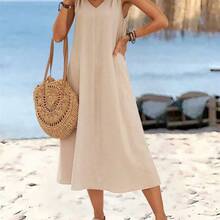 guangzhougaolangshangmao  Vestido largo de verano para mujer con cuello en V sin mangas y hebilla circular de unicolor. Vestidos de verano de algodón casuales sin mangas para mujer. Vestidos de verano casuales para mujer. Vestidos de verano para mujer. Vestidos casuales sin mangas de longitud midi de algodón para mujer. - Amarillo - Ver 7