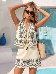 Conjunto de 2 piezas de top con amarre delantero y minifalda con estampado de limón y fresa para vacaciones - Albaricoque - Ver 2