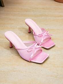Giày sandal cao gót hở mũi, quai hậu, dáng rộng, thời trang dành cho nữ, thích hợp dự tiệc và hẹn hò, màu hồng phối lưới và vải, thiết kế nơ. - Hồng - Xem 3