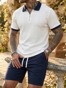 Men's Summer Casual Half-Zip Contrast Collar Short Sleeve Polo Shirt And Shorts 2 Pieces Set, Suitable For Daily Casual And Holiday Wear - White - View 2