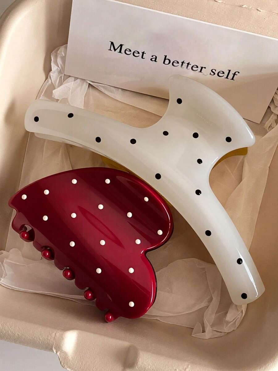 2 pièces/1 pièce Clip à cheveux en plastique léger blanc à pois rouges en forme de cœur pour femmes, 6 cm/2,36 pouces. Accessoire de cheveux élégant, polyvalent et minimaliste de haute qualité, convenant aux sorties quotidiennes, aux fêtes décontractées, aux déplacements, aux vacances, à la coiffure, au lavage du visage, au bain, au maquillage et à l'assortiment de vêtements et de bijoux. - Multicolore - Voir 1