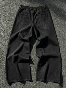 Dark Fantasy-Themed Printed Jeans: Crafted From Washed And Distressed Black Denim, These High-Waisted, Wide-Leg Trousers Feature A Loose, Relaxed Fit. Universally Flattering, They Effectively Conceal Imperfections To Create A Slimming Silhouette-Making Them The Perfect Casual Staple For Students' Everyday Wear. - 黑色 - 查看 2