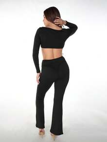 Bộ 2 món áo crop top cổ tròn và quần dài màu đen thanh lịch dành cho nữ, thích hợp cho mùa xuân. - màu đen - Xem 6