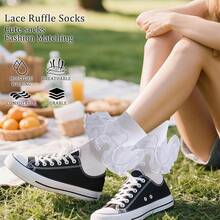 NEW- Women Big Ruffle Ankle Socks Adult Fluffy 4-Layer Lace Frilly Socks Fold Cuff Cotton Fancy Ruffled Dress Bobby Sock - White - 1 Pair - View 7