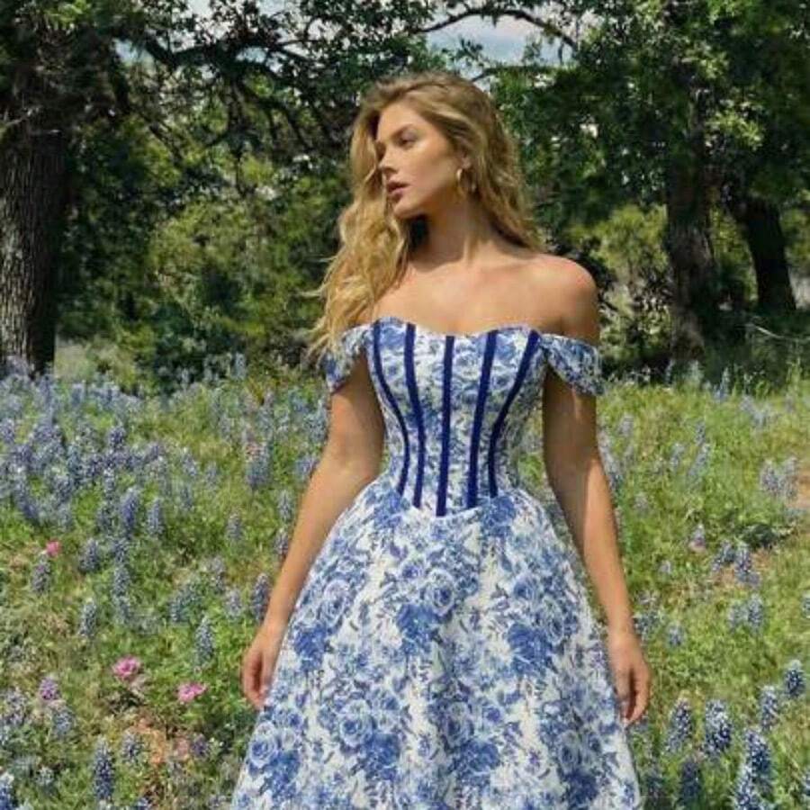 Women Midi Dresses - Blue and White - View 1