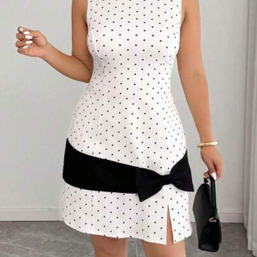 YijiaNvz Vestido mini de punto de línea A con contraste de lunares y lazo, elegante y sin mangas, para mujer de talla grande, primavera/verano - Albaricoque - Ver 1