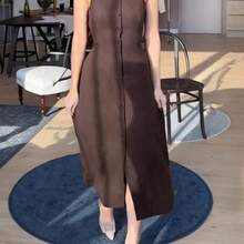 Nana's Women's Clothing Store Vestido midi de verano de unicolor y sin mangas elegante para mujer - Negro01 - Ver 2