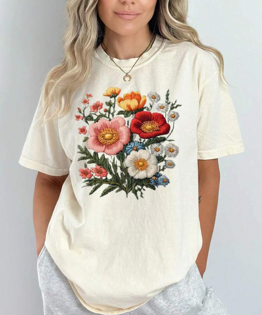 Beyond Bounds Camiseta Floral Cottagecore: Diseño Botánico con Aspecto Bordado 2026 - Albaricoque - Ver 1