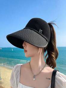 1pc Women's Solid Color Knitted Wide Brim Sun Hat, Breathable Mesh Top, Letter Print, Suitable For Outdoor Sports And Travel, Spring/Autumn/Summer - Multicolor - View 6