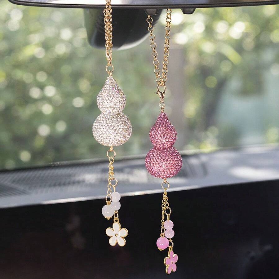 Sparkling Full Diamond Gourd Shaped Rearview Mirror Hanging Ornament, Car Interior Decor, Fashionable Car Accessory, Suitable As Gift