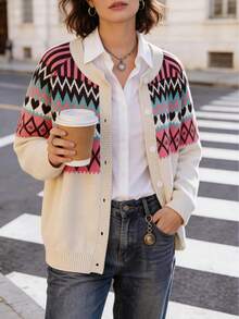 Plus Size Women Raglan Sleeve Casual Geometric Pattern Knitted Cardigan, Autumn/Winter - White - View 1
